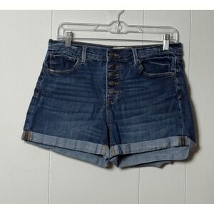 Mudd FLX Women's Stretch Dark Wash Button Fly Mid-Rise Midi Denim Shorts Size 11